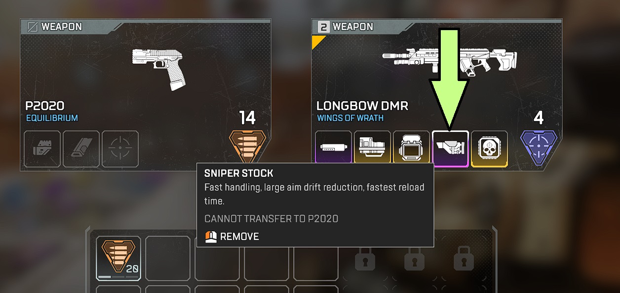 Screenshot of the purple sniper stock in Apex Legends